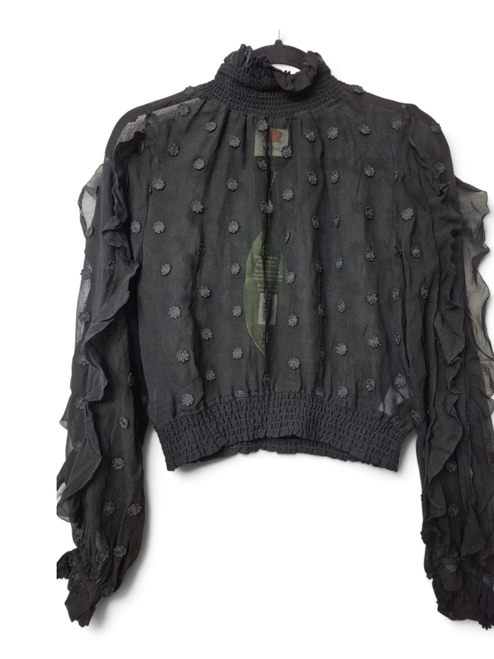 FARM Rio NWT Black Floral Appliqué Ruffle Blouse XS